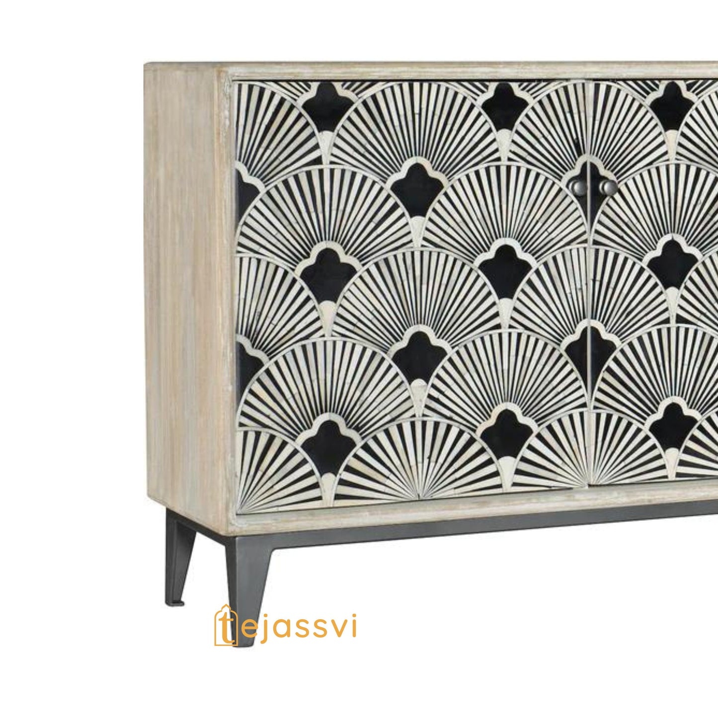 Bone Inlay Bone Optical Design Media Console/Media Cabinet, Bone Inlay Flower Entertainment Credenza White  Finish  Bone Inlay Storage Unit.
