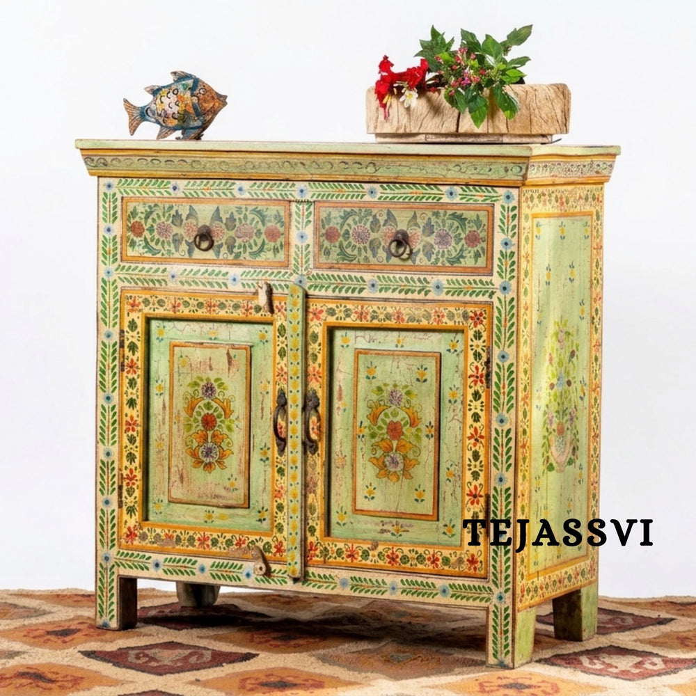 Wooden Indian Floral Designed Side Storage / Cabinet | Bedside, Side Table, Hand Painted, Wooden Big Cabinet, Living Room Furniture, Fine Panting.