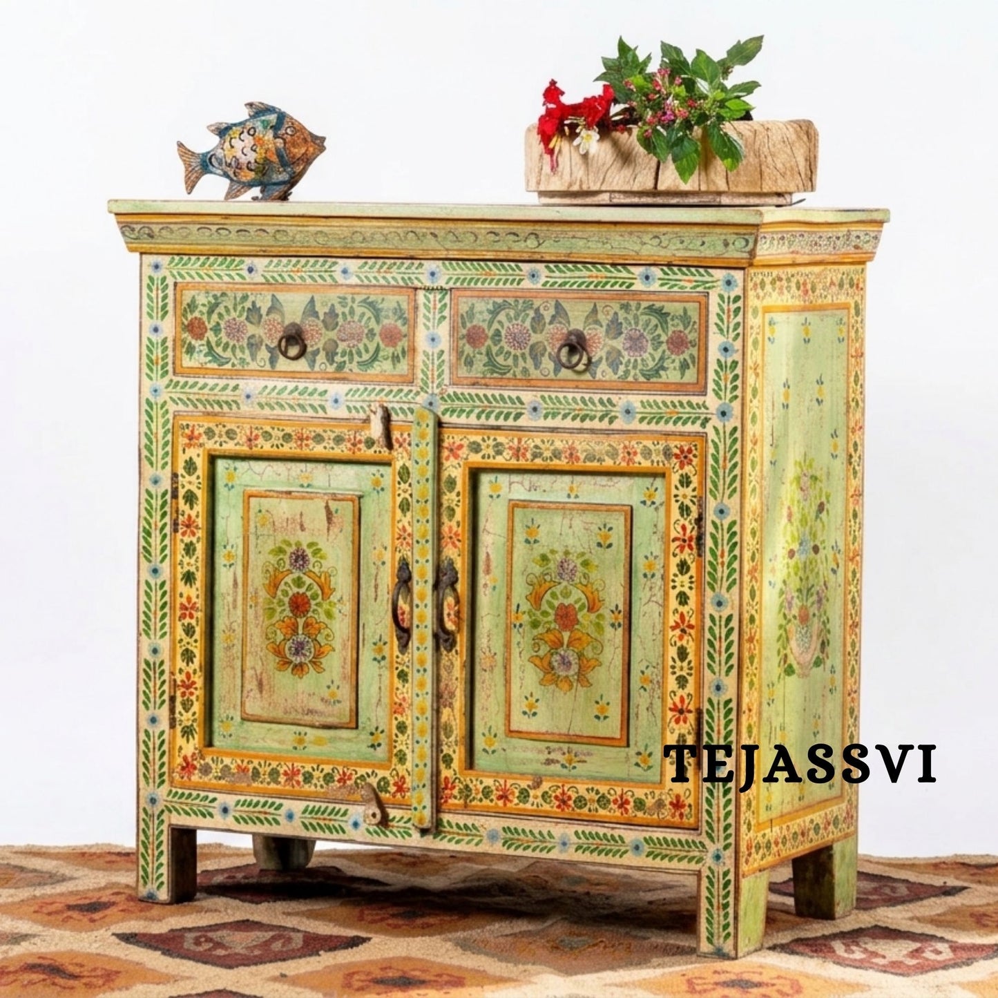 Wooden Indian Floral Designed Side Storage / Cabinet | Bedside, Side Table, Hand Painted, Wooden Big Cabinet, Living Room Furniture, Fine Panting.
