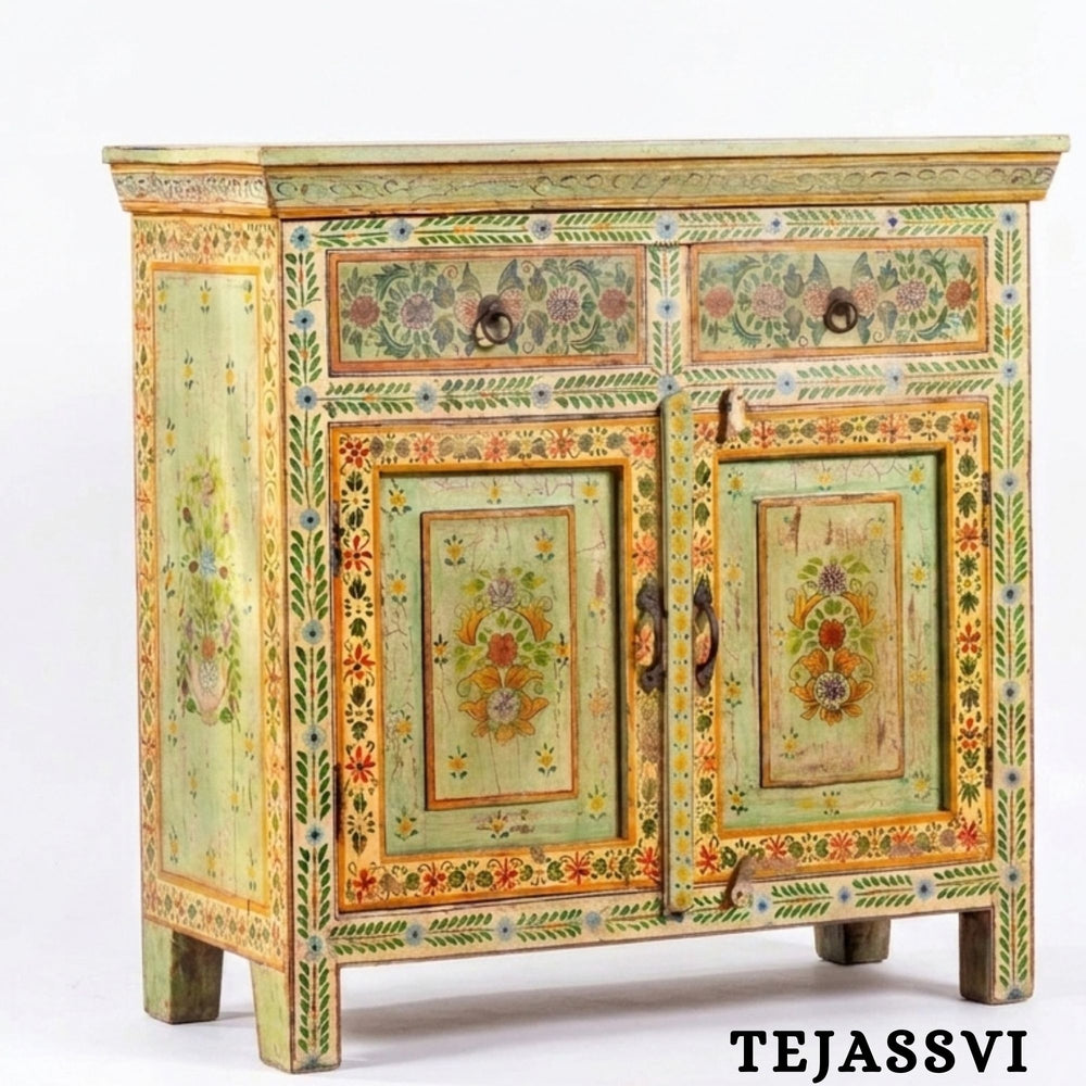 Wooden Indian Floral Designed Side Storage / Cabinet | Bedside, Side Table, Hand Painted, Wooden Big Cabinet, Living Room Furniture, Fine Panting.
