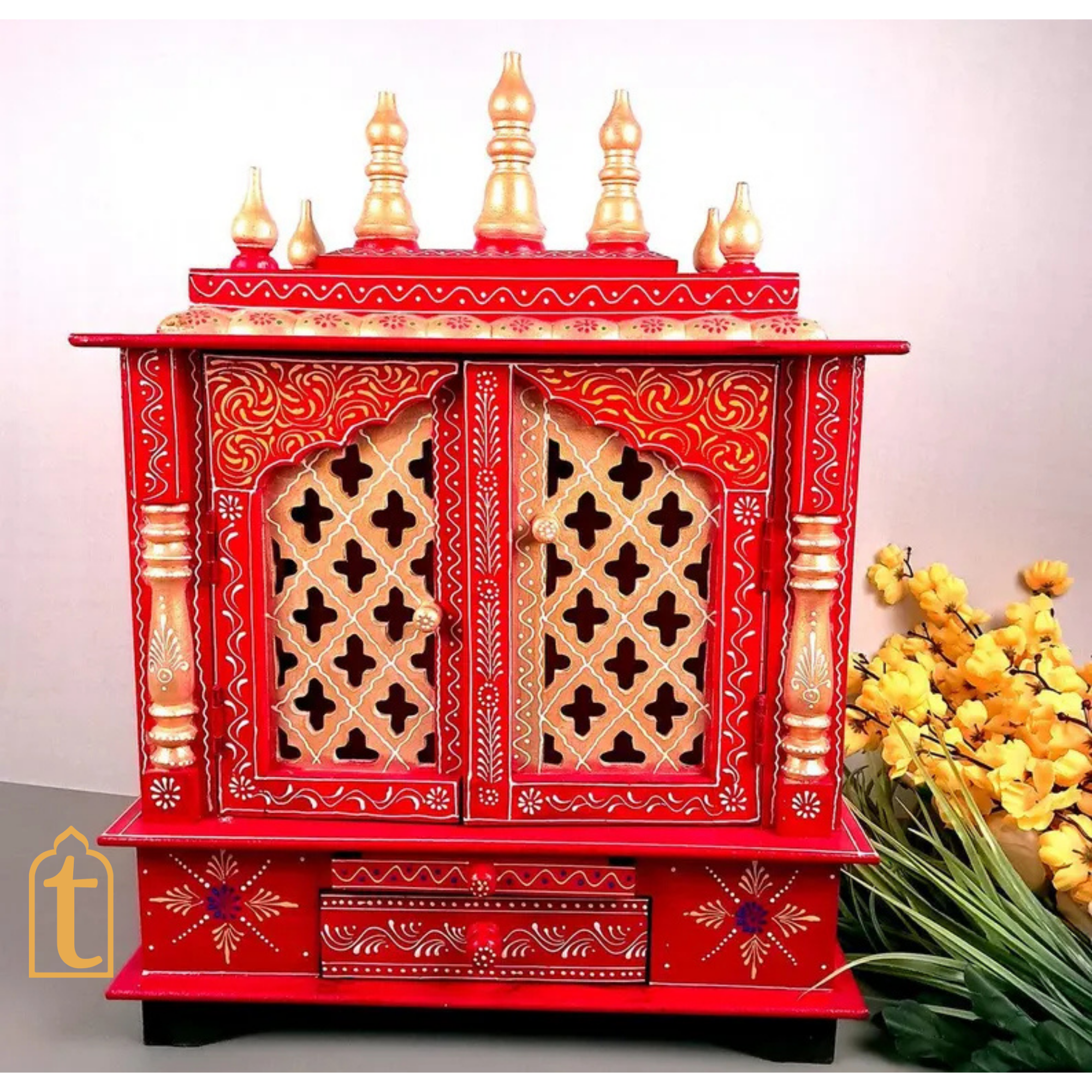Handcrafted Wooden Pooja Room Temple: Wall Hanging Mandir with Door