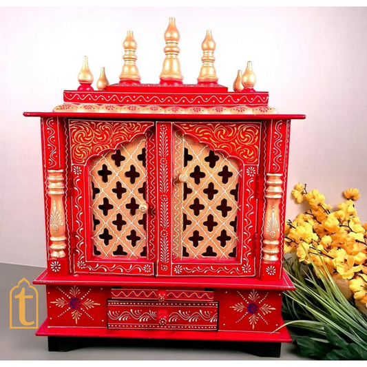 Handcrafted Wooden Pooja Room Temple: Wall Hanging Mandir with Door