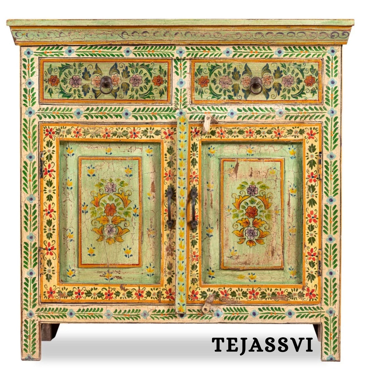 Wooden Indian Floral Designed Side Storage / Cabinet | Bedside, Side Table, Hand Painted, Wooden Big Cabinet, Living Room Furniture, Fine Panting.