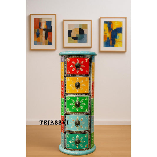 Handmade Hand Painted Round Side Table, Indian Painting Furniture Cabinet, Moroccan painted Furniture, Bedroom Furniture, Chest Of Dressers,