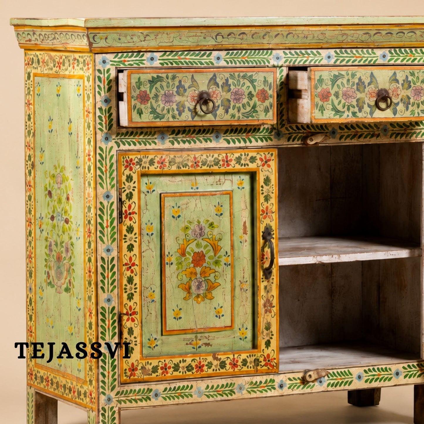 Wooden Indian Floral Designed Side Storage / Cabinet | Bedside, Side Table, Hand Painted, Wooden Big Cabinet, Living Room Furniture, Fine Panting.