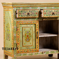 Wooden Indian Floral Designed Side Storage / Cabinet | Bedside, Side Table, Hand Painted, Wooden Big Cabinet, Living Room Furniture, Fine Panting.