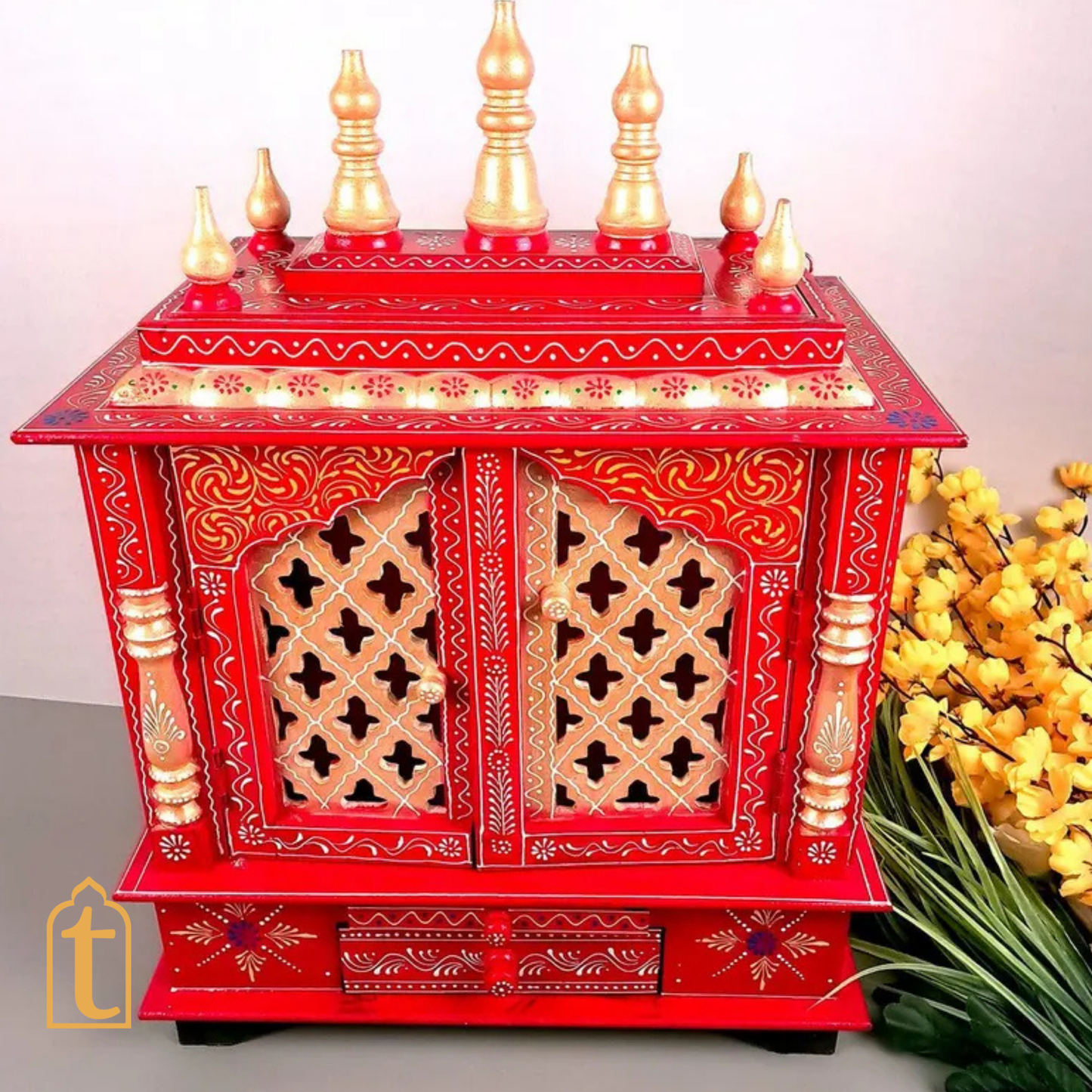 Handcrafted Wooden Pooja Room Temple: Wall Hanging Mandir with Door