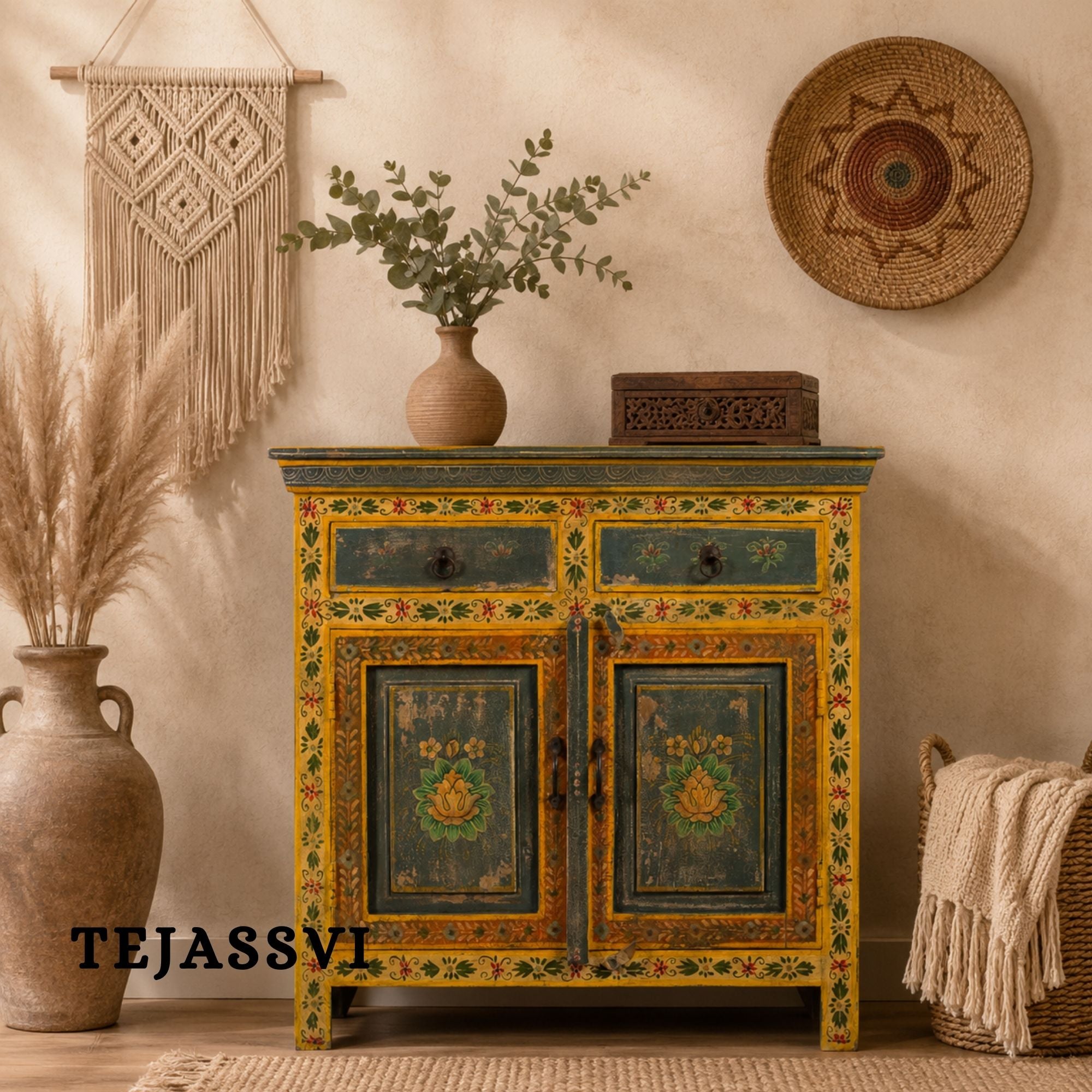 Wooden Indian Floral Designed Side Storage / Cabinet | Bedside, Side Table, Hand Painted, Wooden Big Cabinet, Living Room Furniture, Fine Panting.