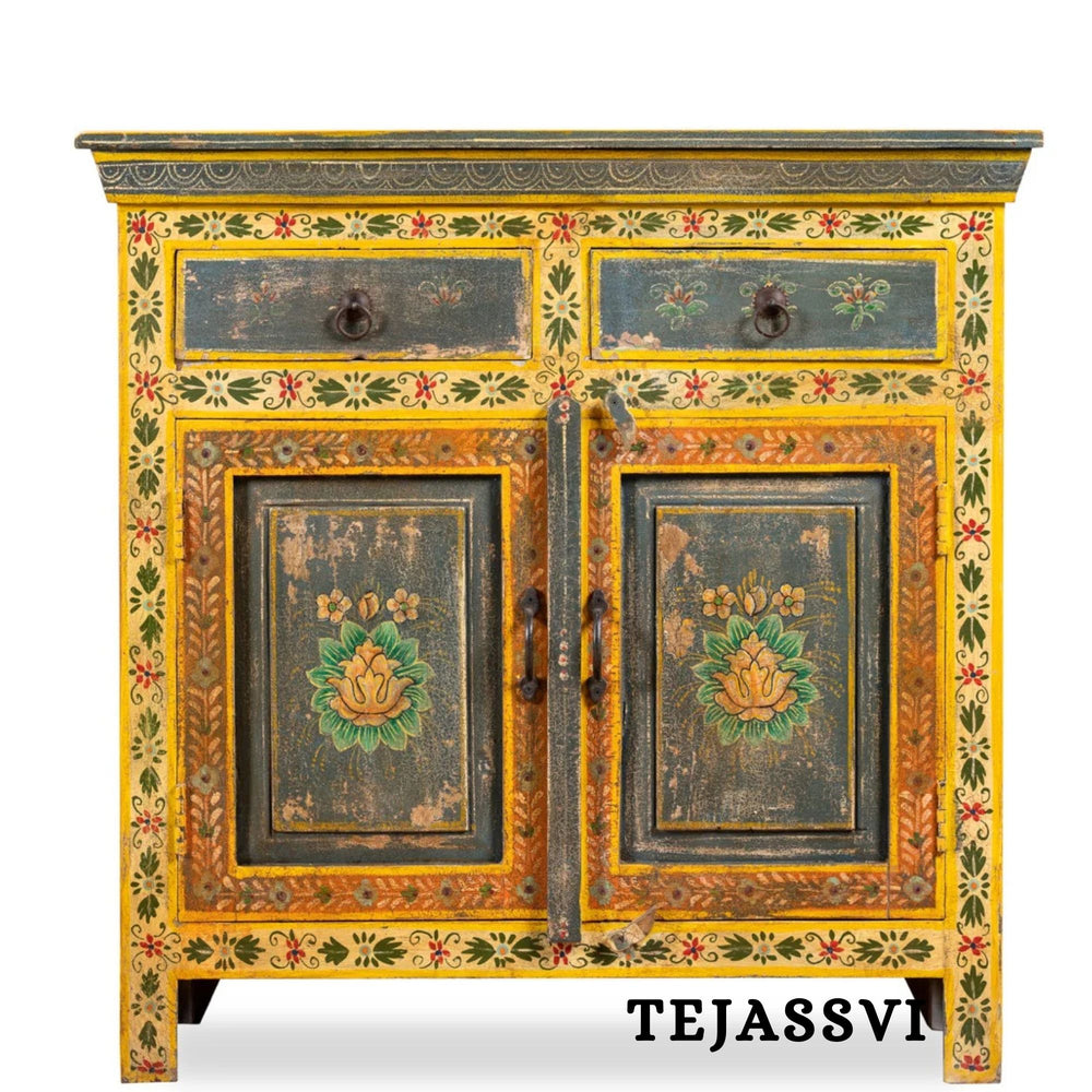 Wooden Indian Floral Designed Side Storage / Cabinet | Bedside, Side Table, Hand Painted, Wooden Big Cabinet, Living Room Furniture, Fine Panting.