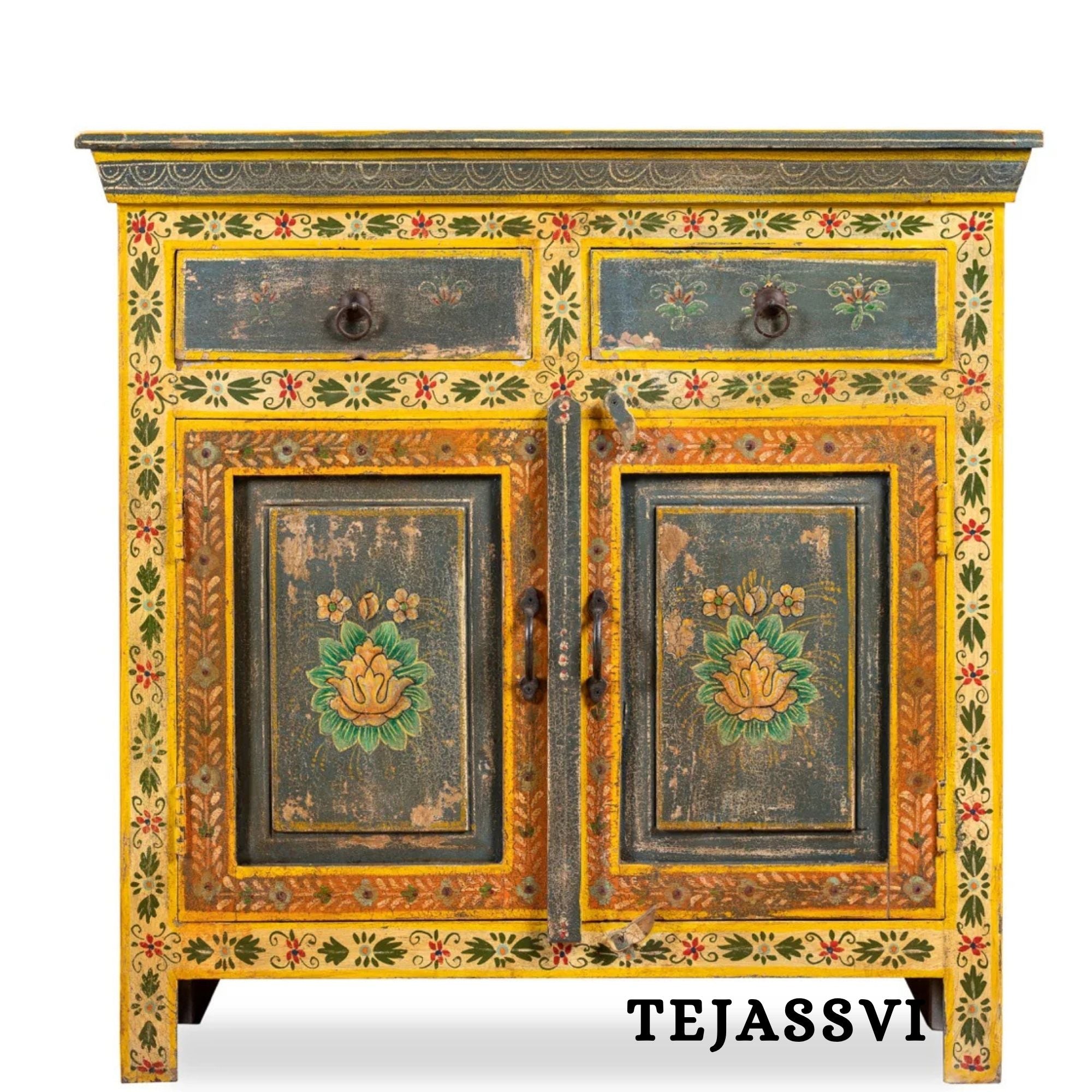 Wooden Indian Floral Designed Side Storage / Cabinet | Bedside, Side Table, Hand Painted, Wooden Big Cabinet, Living Room Furniture, Fine Panting.