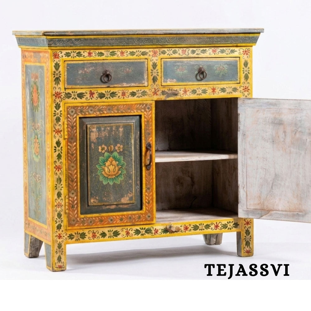 Wooden Indian Floral Designed Side Storage / Cabinet | Bedside, Side Table, Hand Painted, Wooden Big Cabinet, Living Room Furniture, Fine Panting.