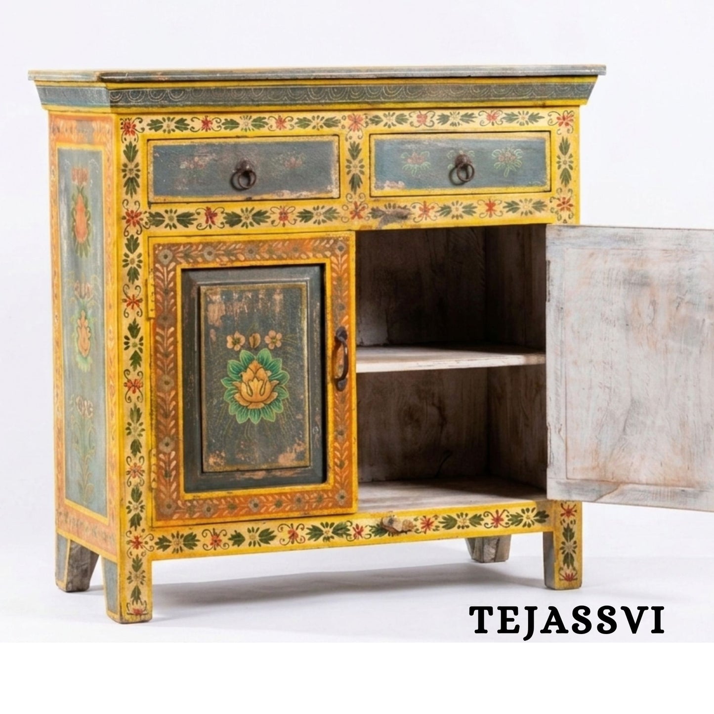 Wooden Indian Floral Designed Side Storage / Cabinet | Bedside, Side Table, Hand Painted, Wooden Big Cabinet, Living Room Furniture, Fine Panting.