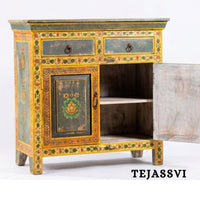 Wooden Indian Floral Designed Side Storage / Cabinet | Bedside, Side Table, Hand Painted, Wooden Big Cabinet, Living Room Furniture, Fine Panting.