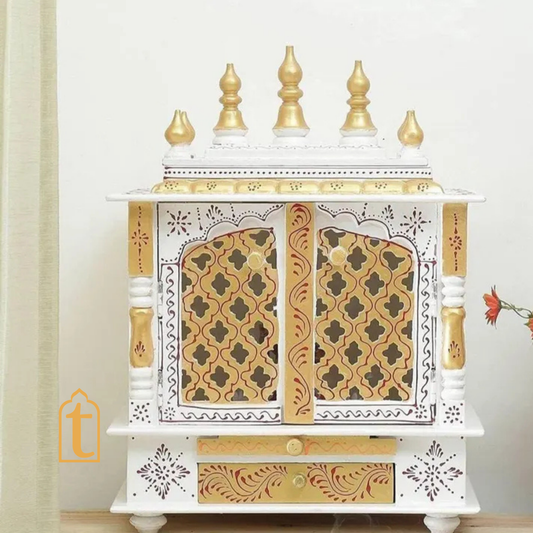 Handcrafted Wooden Pooja Room Temple: , White & Gold Embossed