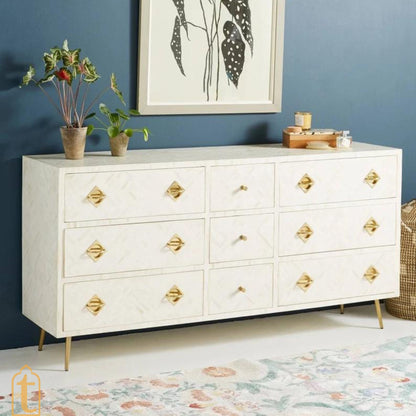 Bone Inlay Sideboard, Wooden Bone inlay 9 Drawer Dresser, Bone Inlay Chest of 9 Drawer, Bone inlay Buffet, Large Dresser, Storage Unit.