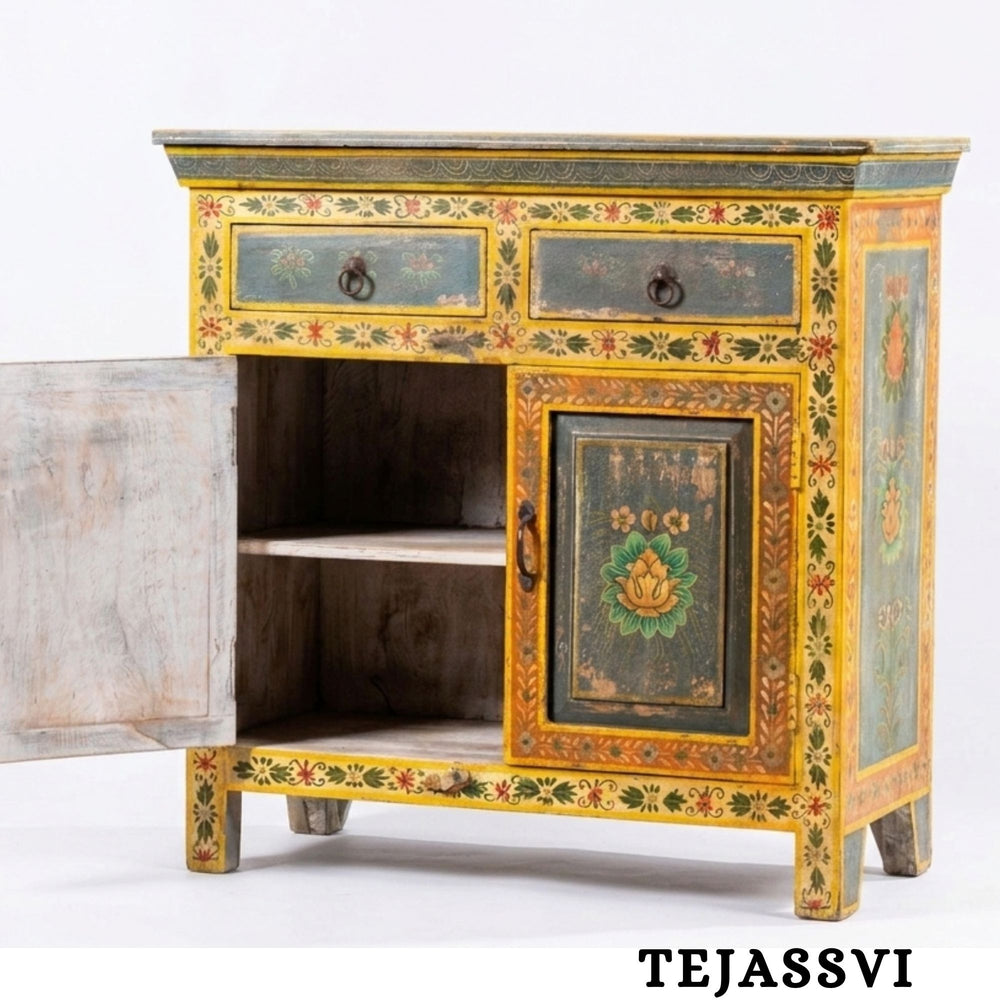 Wooden Indian Floral Designed Side Storage / Cabinet | Bedside, Side Table, Hand Painted, Wooden Big Cabinet, Living Room Furniture, Fine Panting.