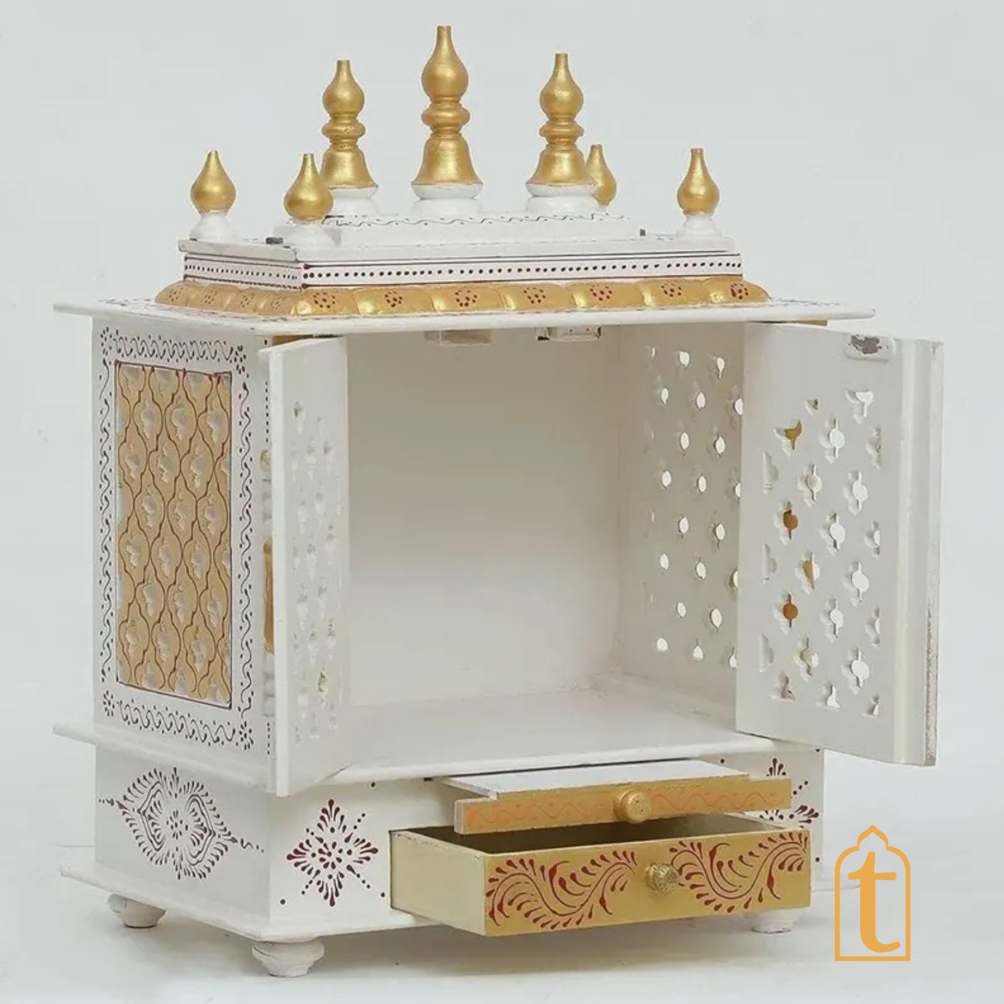Handcrafted Wooden Pooja Room Temple: , White & Gold Embossed