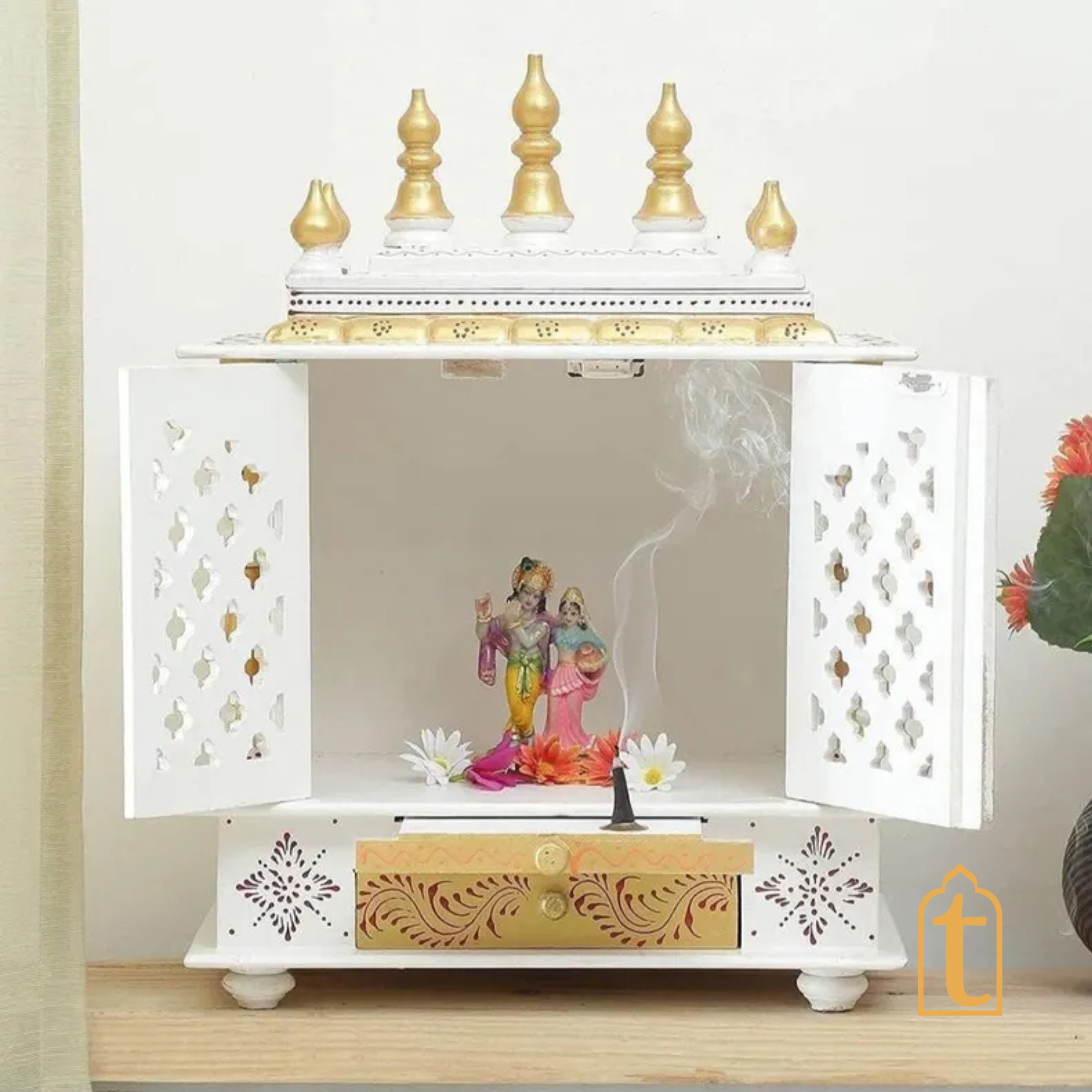 Handcrafted Wooden Pooja Room Temple: , White & Gold Embossed
