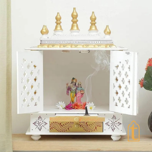 Handcrafted Wooden Pooja Room Temple: , White & Gold Embossed