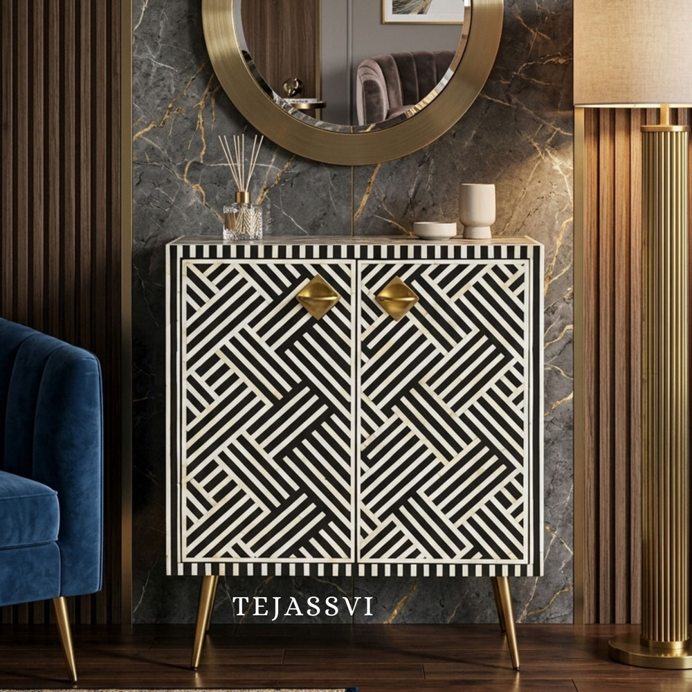 Bone Inlay Strip Design Small Cabinet /Bone Inlay Night Table / Bone Inlay Side Table / Bone Inlay Sideboards  For Bedroom.