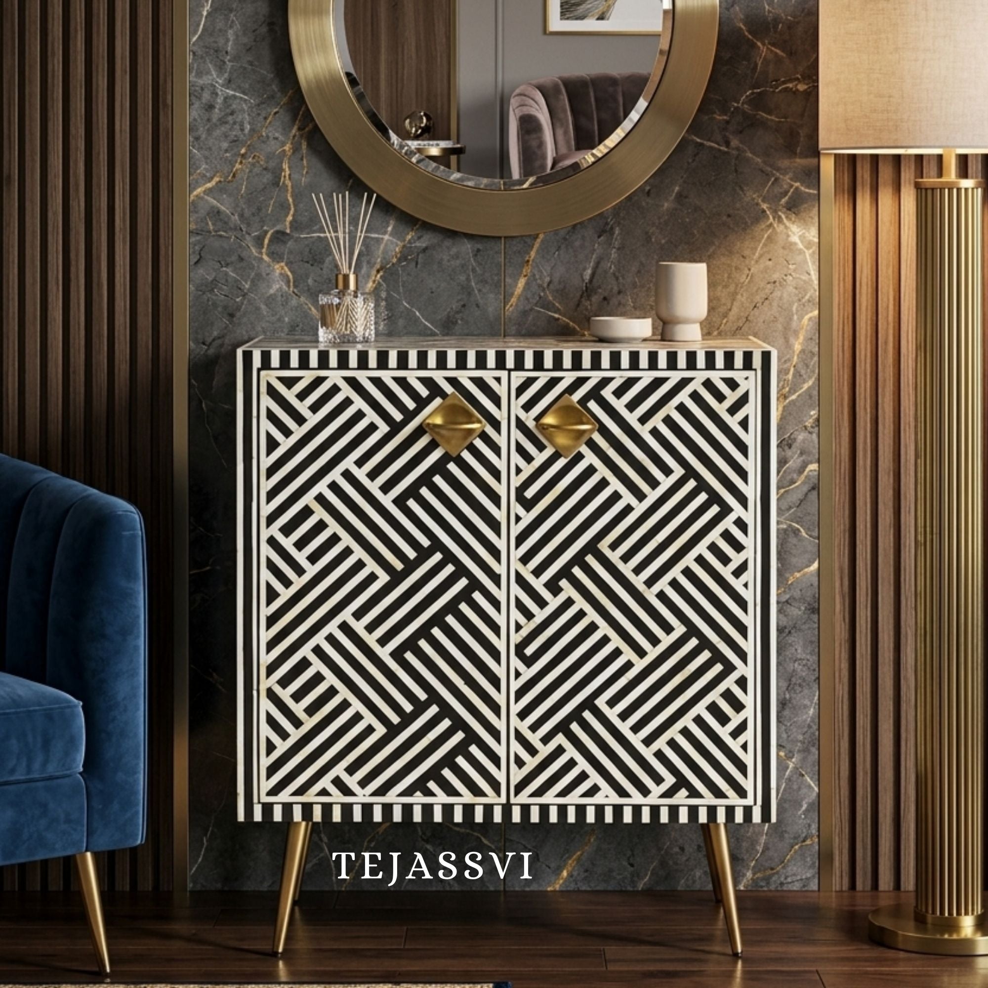 Bone Inlay Strip Design Small Cabinet /Bone Inlay Night Table / Bone Inlay Side Table / Bone Inlay Sideboards  For Bedroom.