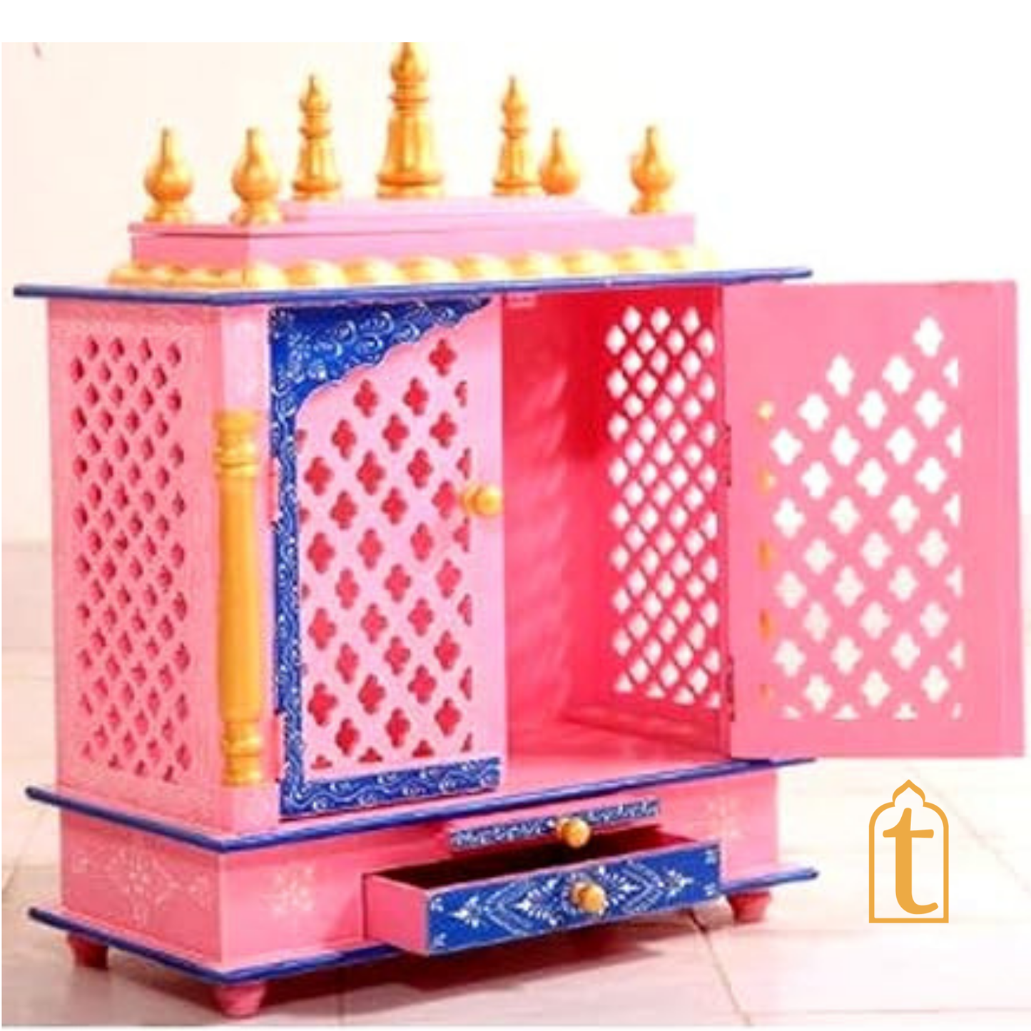 Wooden Pooja Mandir: Indian Pooja Ghar, Wall Mount Decor, Wooden Pink & Blue Pooja Mandir for Wall Decor