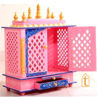 Wooden Pooja Mandir: Indian Pooja Ghar, Wall Mount Decor, Wooden Pink & Blue Pooja Mandir for Wall Decor