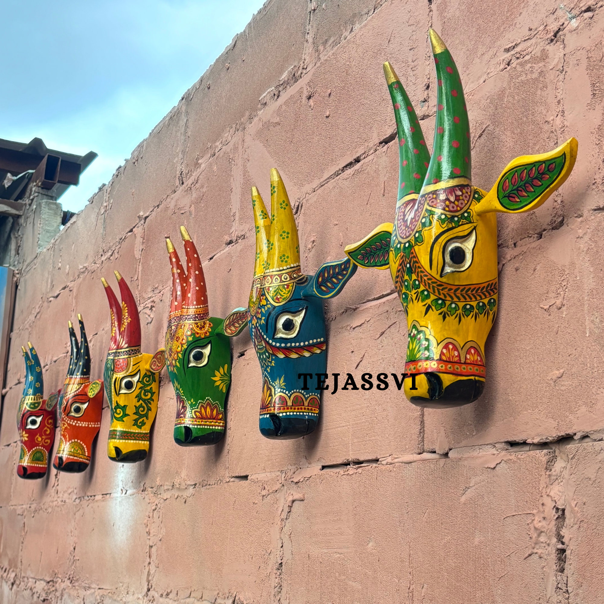 SET of 6 Wooden Painted Cow Head 15 Inches | Bull | Nandi Head Mask Wall Décor. Wooden Wall Hanging. Ethnic Indian Art.