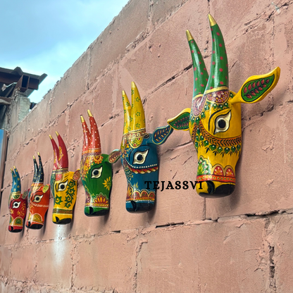 SET of 6 Wooden Painted Cow Head 16 Inches | Bull | Nandi Head Mask Wall Décor. Wooden Wall Hanging. Ethnic Indian Art.