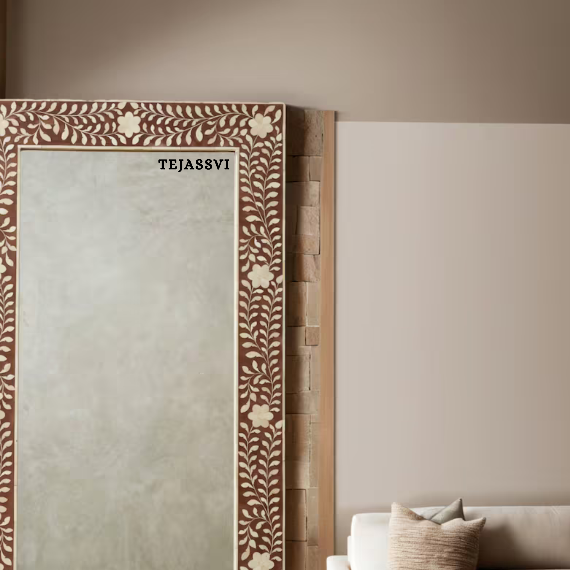 Bone Inlay floral design Brown Color Wall Hanging Large Mirror  / wooden bone inlay wall mirror / Wall Décor / Wall Hanging.