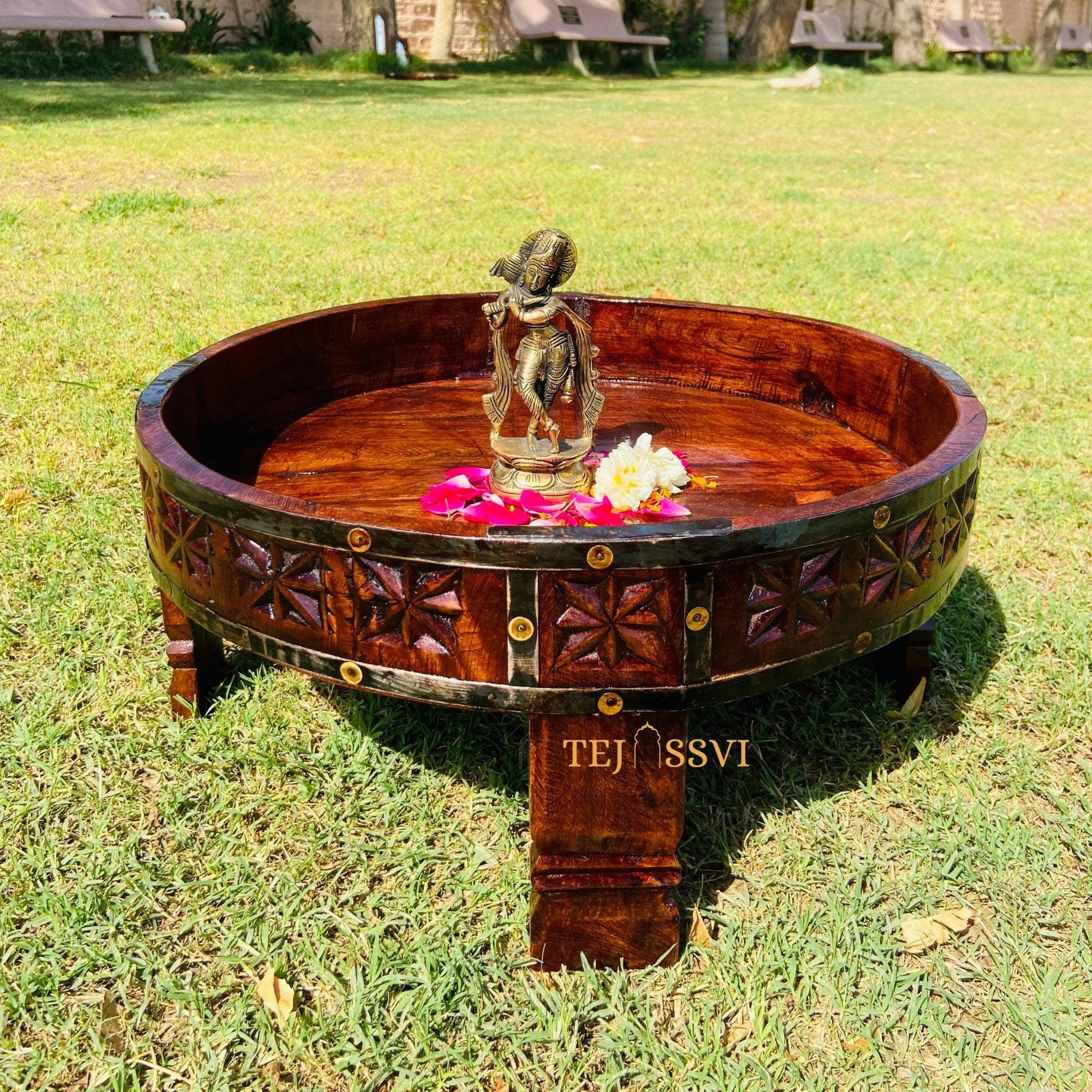 Wooden Coffee Table Natural Hand Made Carved Round Indian Grinder Table Chakki Table,Central Home Decor SideTable, Beautiful Handicraft Art