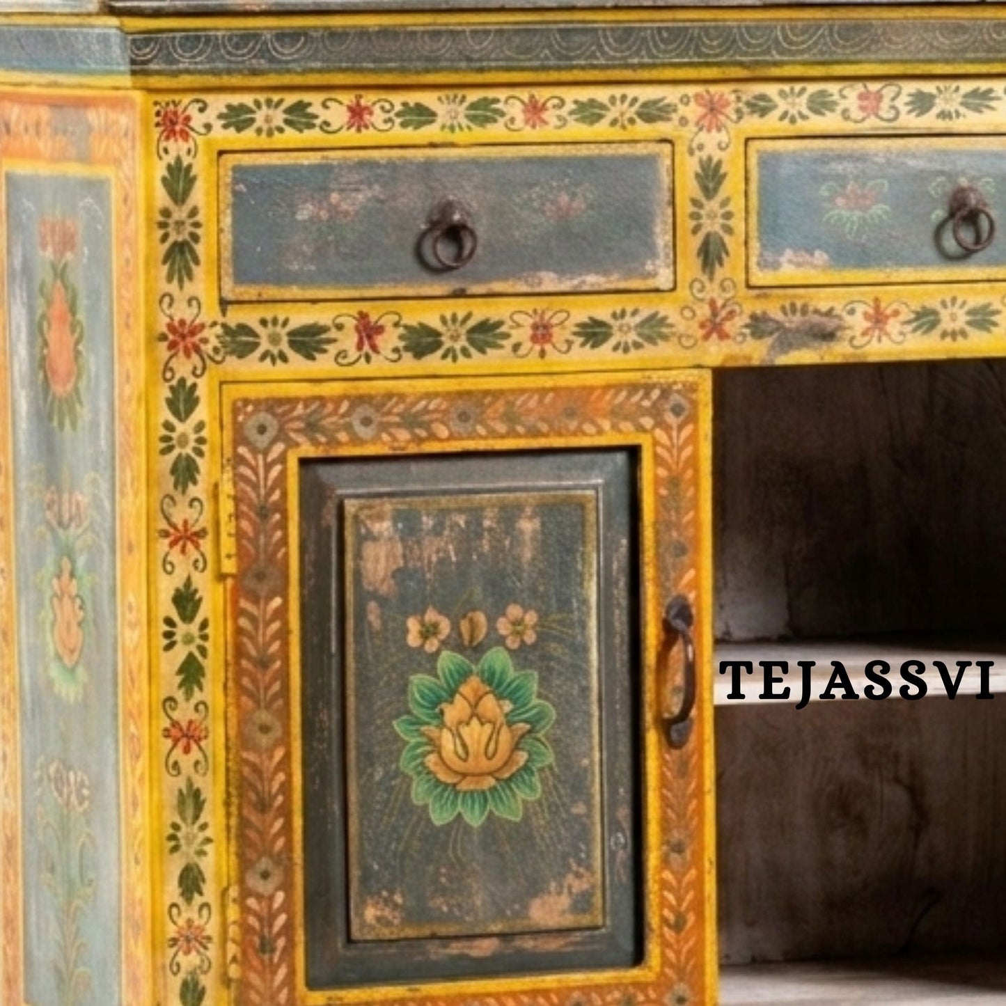 Wooden Indian Floral Designed Side Storage / Cabinet | Bedside, Side Table, Hand Painted, Wooden Big Cabinet, Living Room Furniture, Fine Panting.