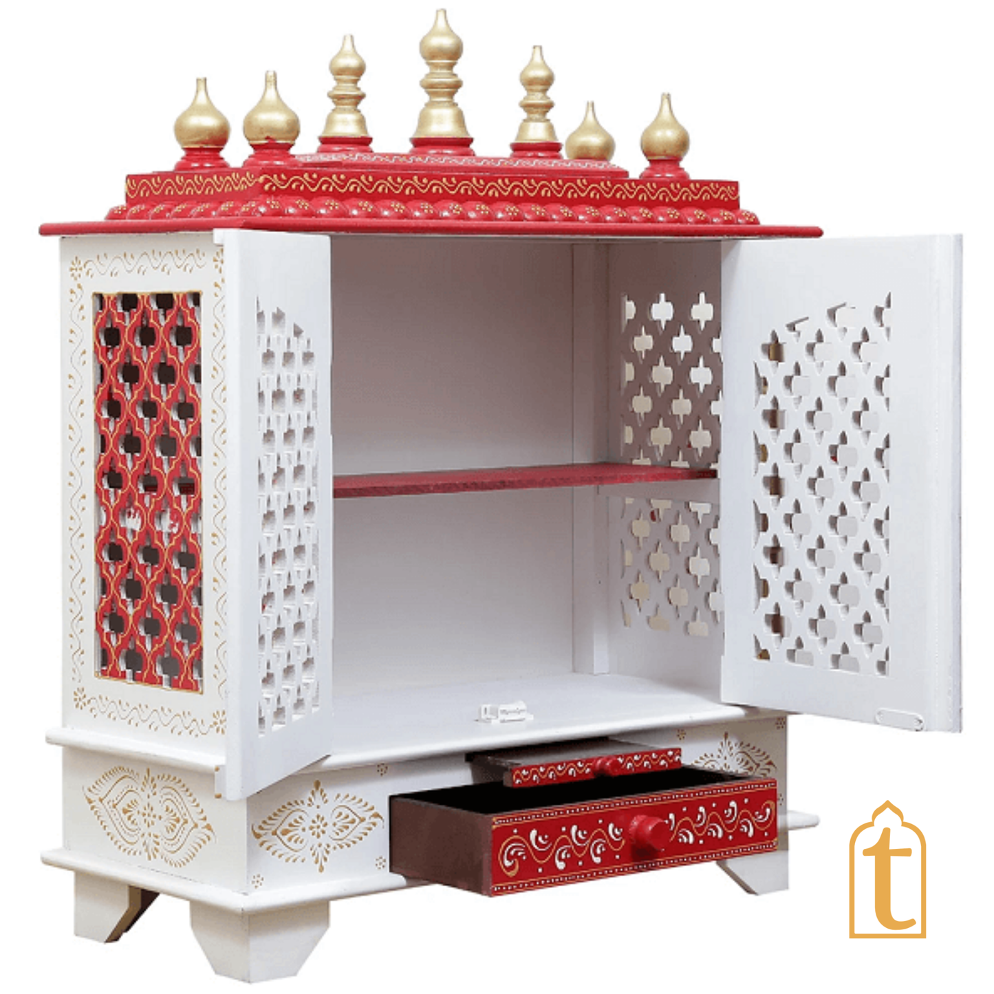 Handcrafted Wooden Temple: Home Pooja Ghar Mandir White & Red with Drawer