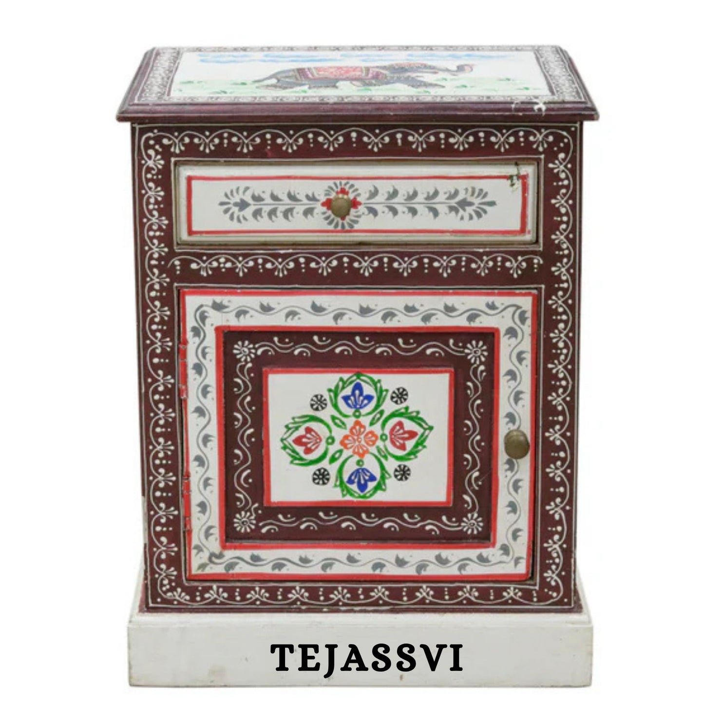 Hand-painted Bedside Wooden Table in Rajasthani Artistry with Uniquely Designed Beautiful / Side Table / Indian Flower Stand Table / Nightstand.