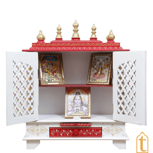 Handcrafted Wooden Temple: Home Pooja Ghar Mandir White & Red with Drawer