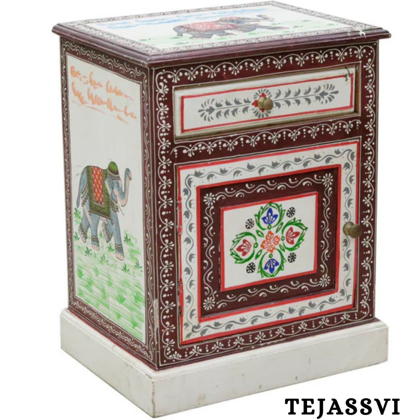 Hand-painted Bedside Wooden Table in Rajasthani Artistry with Uniquely Designed Beautiful / Side Table / Indian Flower Stand Table / Nightstand.