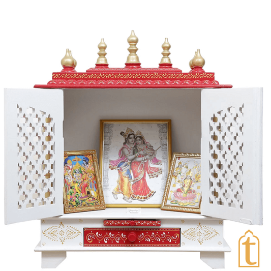 Handcrafted Wooden Temple: Home Pooja Ghar Mandir White & Red with Drawer