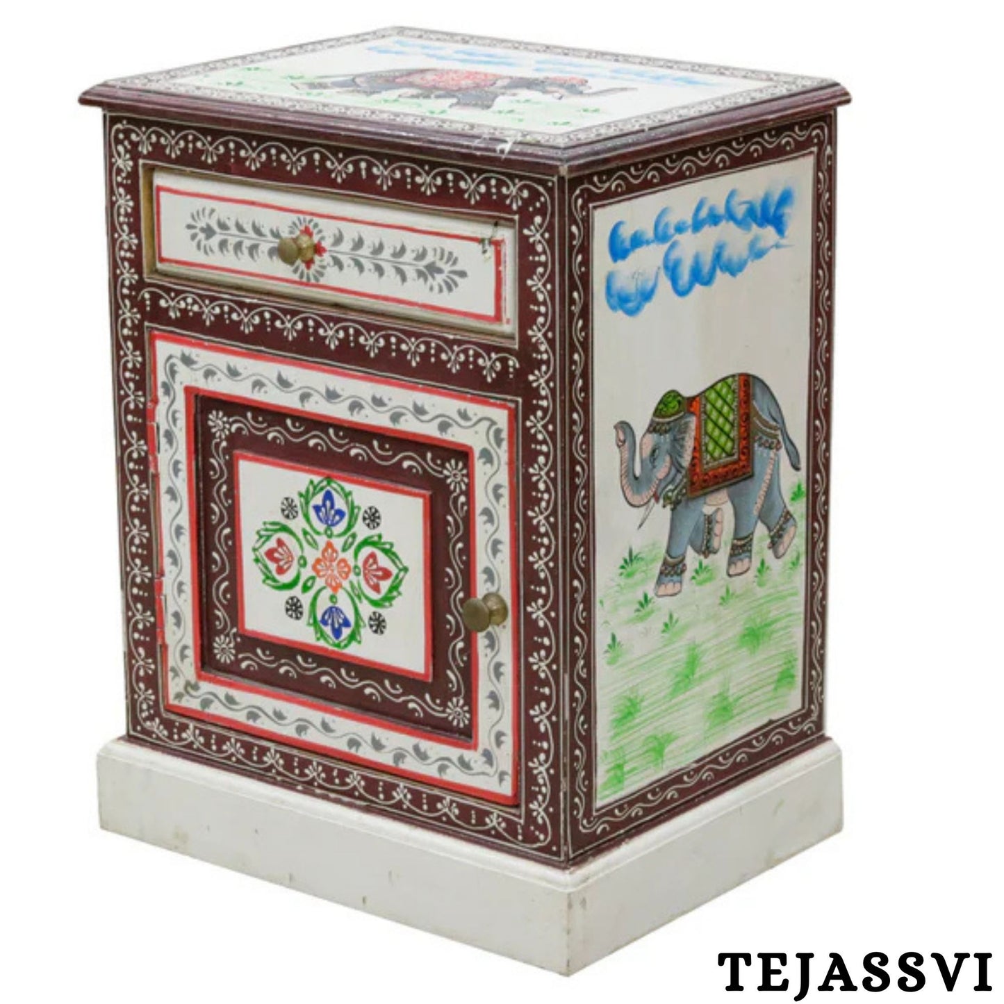 Hand-painted Bedside Wooden Table in Rajasthani Artistry with Uniquely Designed Beautiful / Side Table / Indian Flower Stand Table / Nightstand.