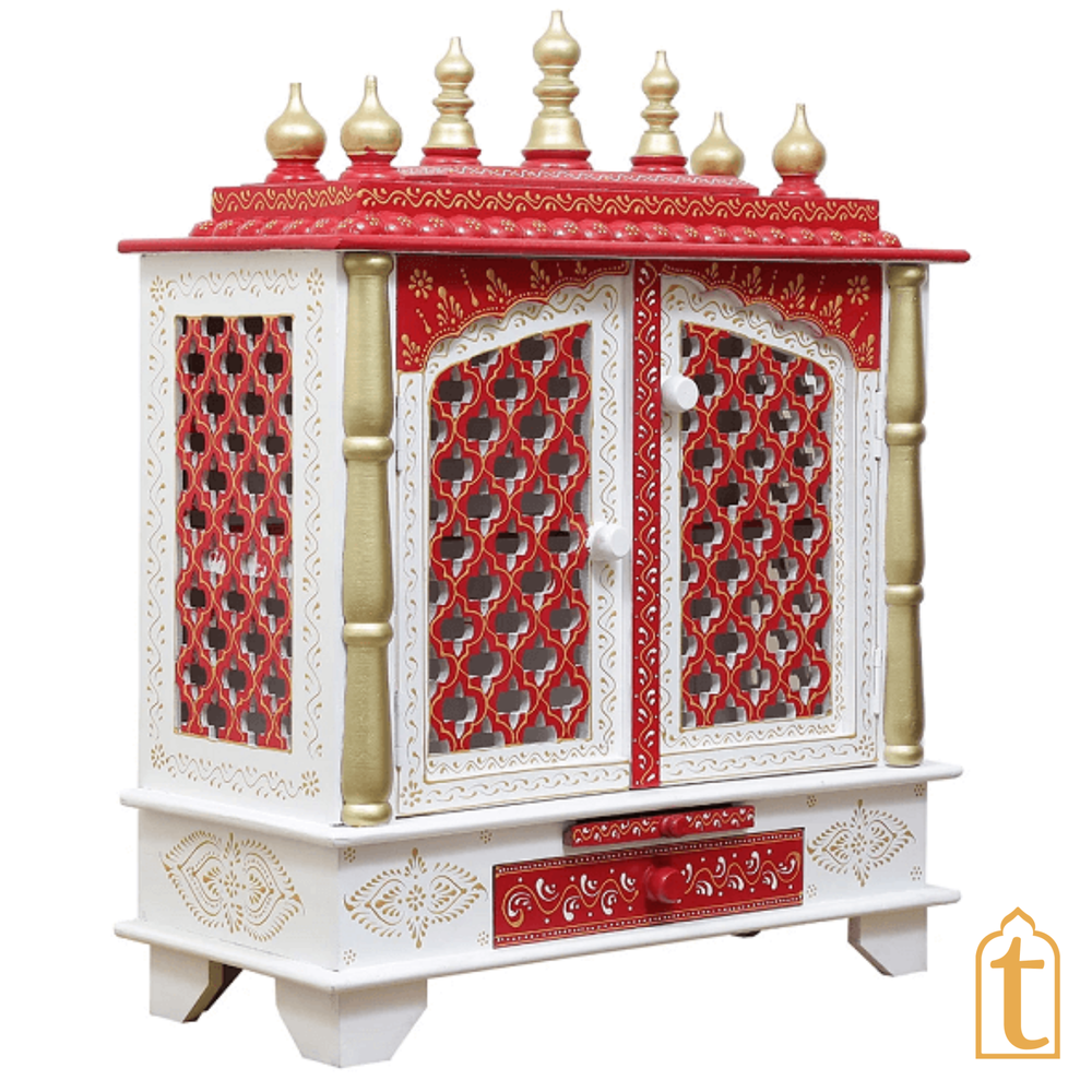 Handcrafted Wooden Temple: Home Pooja Ghar Mandir White & Red with Drawer