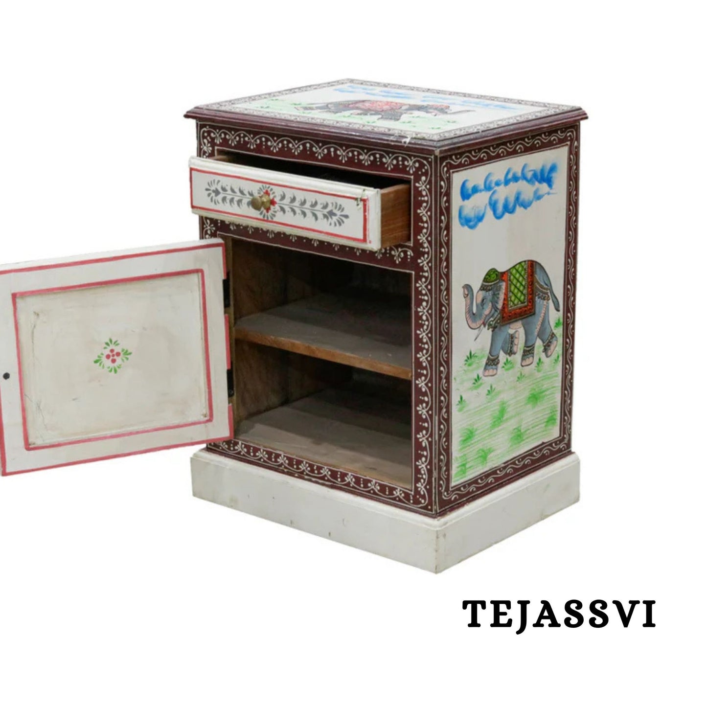 Hand-painted Bedside Wooden Table in Rajasthani Artistry with Uniquely Designed Beautiful / Side Table / Indian Flower Stand Table / Nightstand.