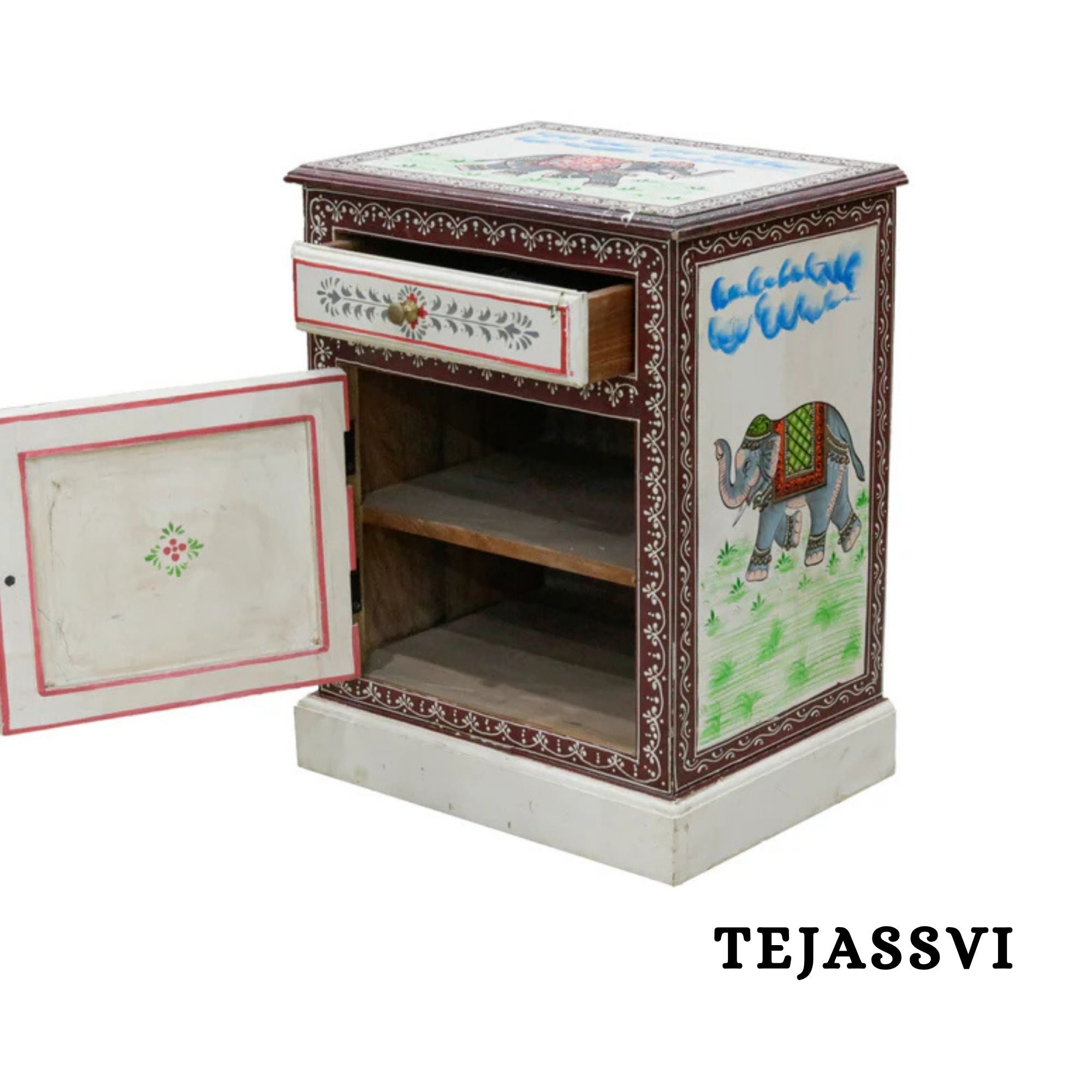 Hand-painted Bedside Wooden Table in Rajasthani Artistry with Uniquely Designed Beautiful / Side Table / Indian Flower Stand Table / Nightstand.
