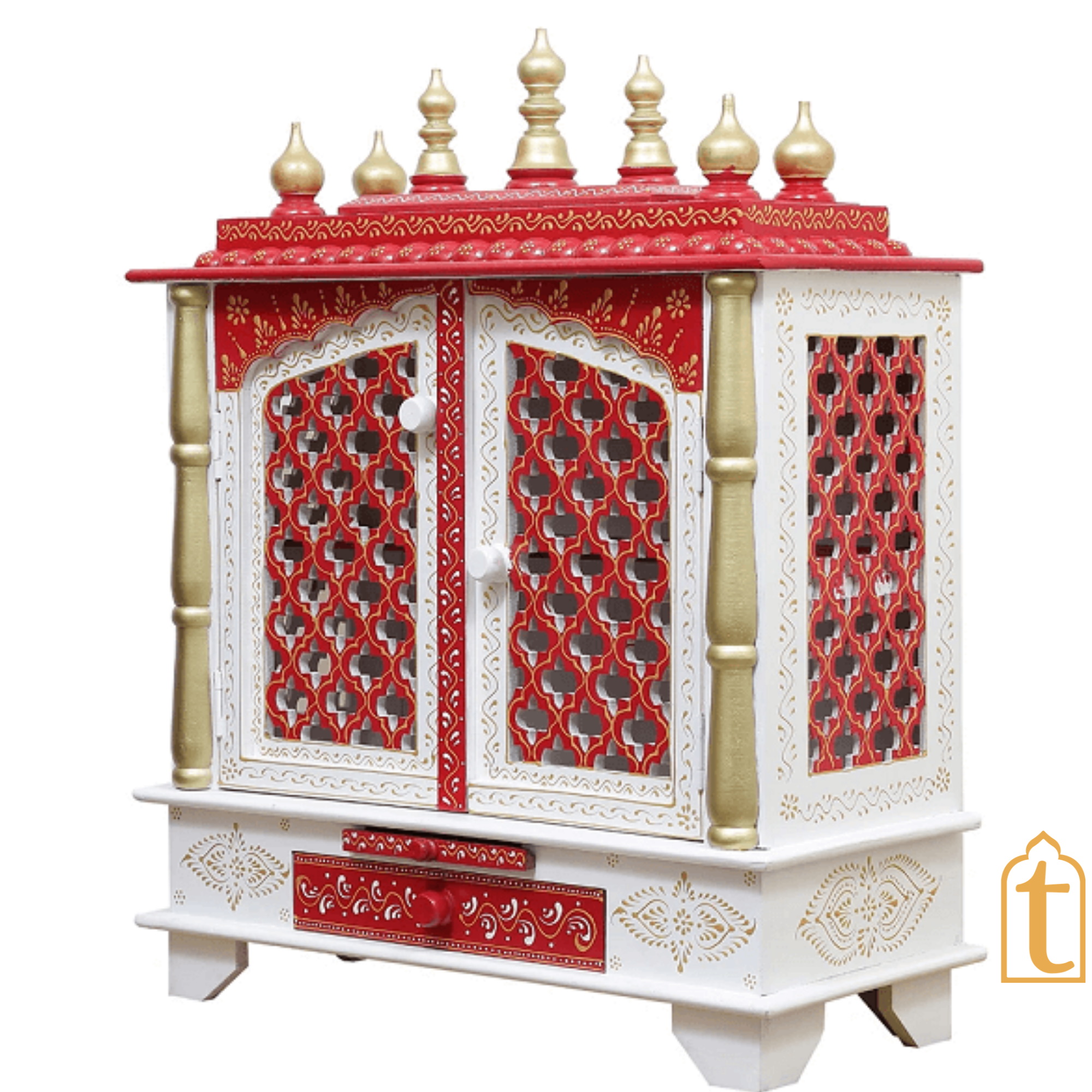 Handcrafted Wooden Temple: Home Pooja Ghar Mandir White & Red with Drawer