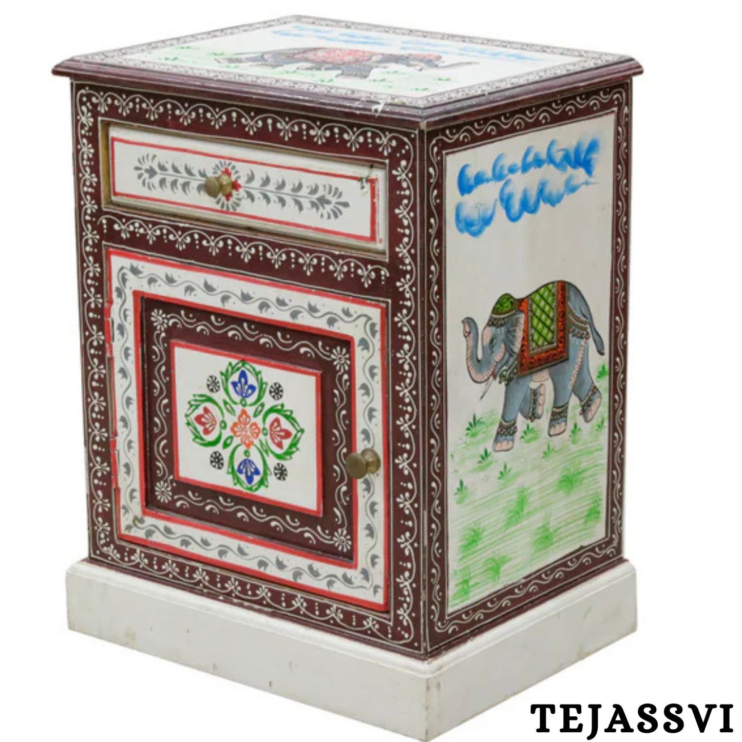 Hand-painted Bedside Wooden Table in Rajasthani Artistry with Uniquely Designed Beautiful / Side Table / Indian Flower Stand Table / Nightstand.
