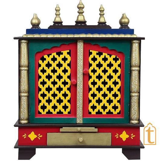 Handcrafted Wooden Pooja Mandir With Drawers Home Temple White Brown Finish
