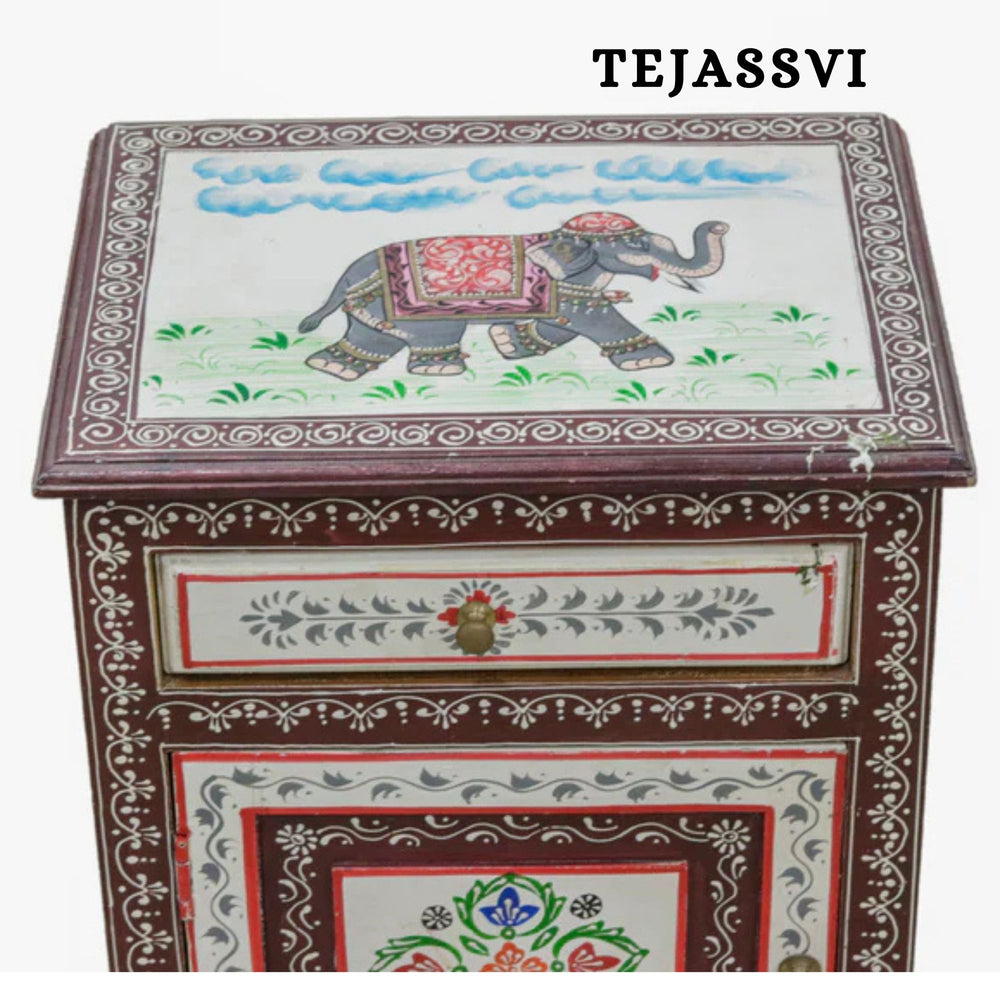 Hand-painted Bedside Wooden Table in Rajasthani Artistry with Uniquely Designed Beautiful / Side Table / Indian Flower Stand Table / Nightstand.