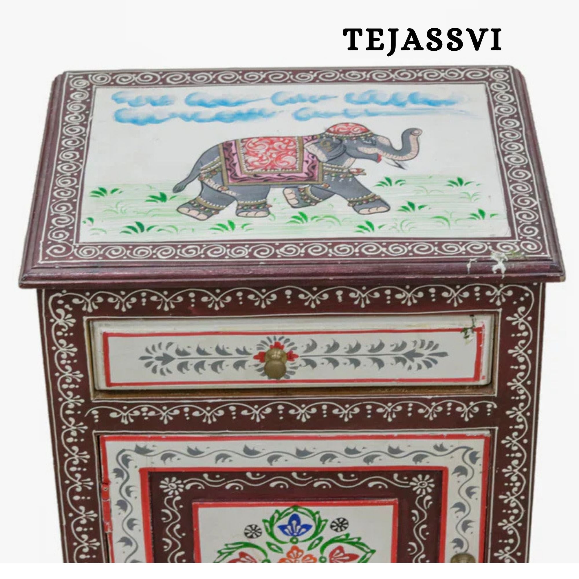 Hand-painted Bedside Wooden Table in Rajasthani Artistry with Uniquely Designed Beautiful / Side Table / Indian Flower Stand Table / Nightstand.