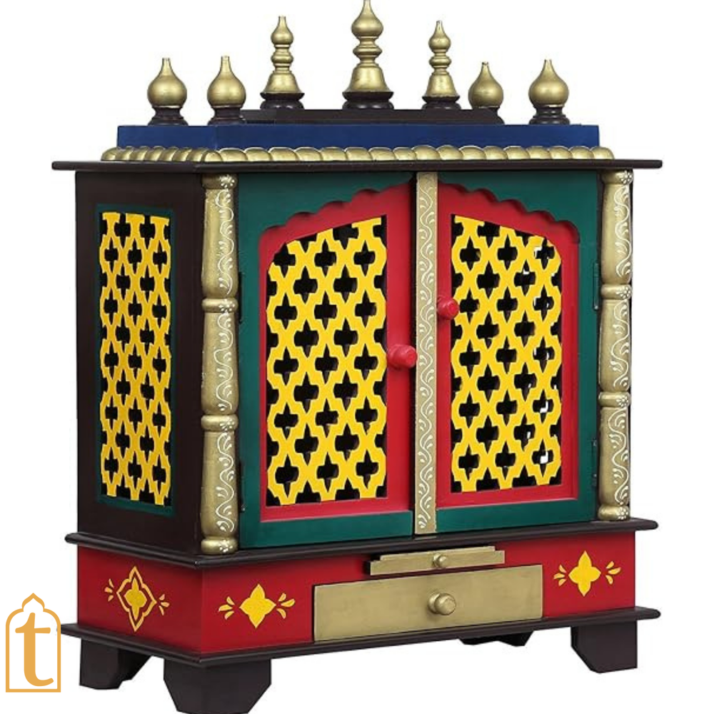 Handcrafted Wooden Pooja Mandir With Drawers Home Temple White Brown Finish