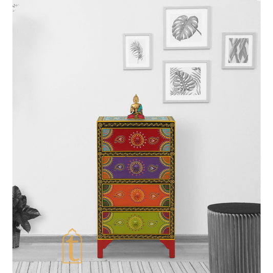 Hand Painted Solid Wood Chest Of Drawer In Multi Colour, 4 Chest Of Drawer/Bed Side, Hand Painted Side Table.