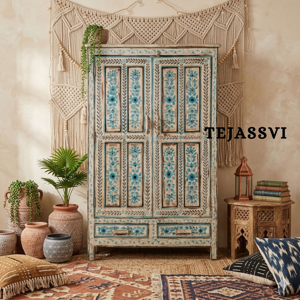 Aqua & Red Painted Bow Fronted Cupboard / Side Storage / Cabinet | Bedside, Side Table, Hand Painted, Wooden Big Cabinet/ Vintage Cabinet.