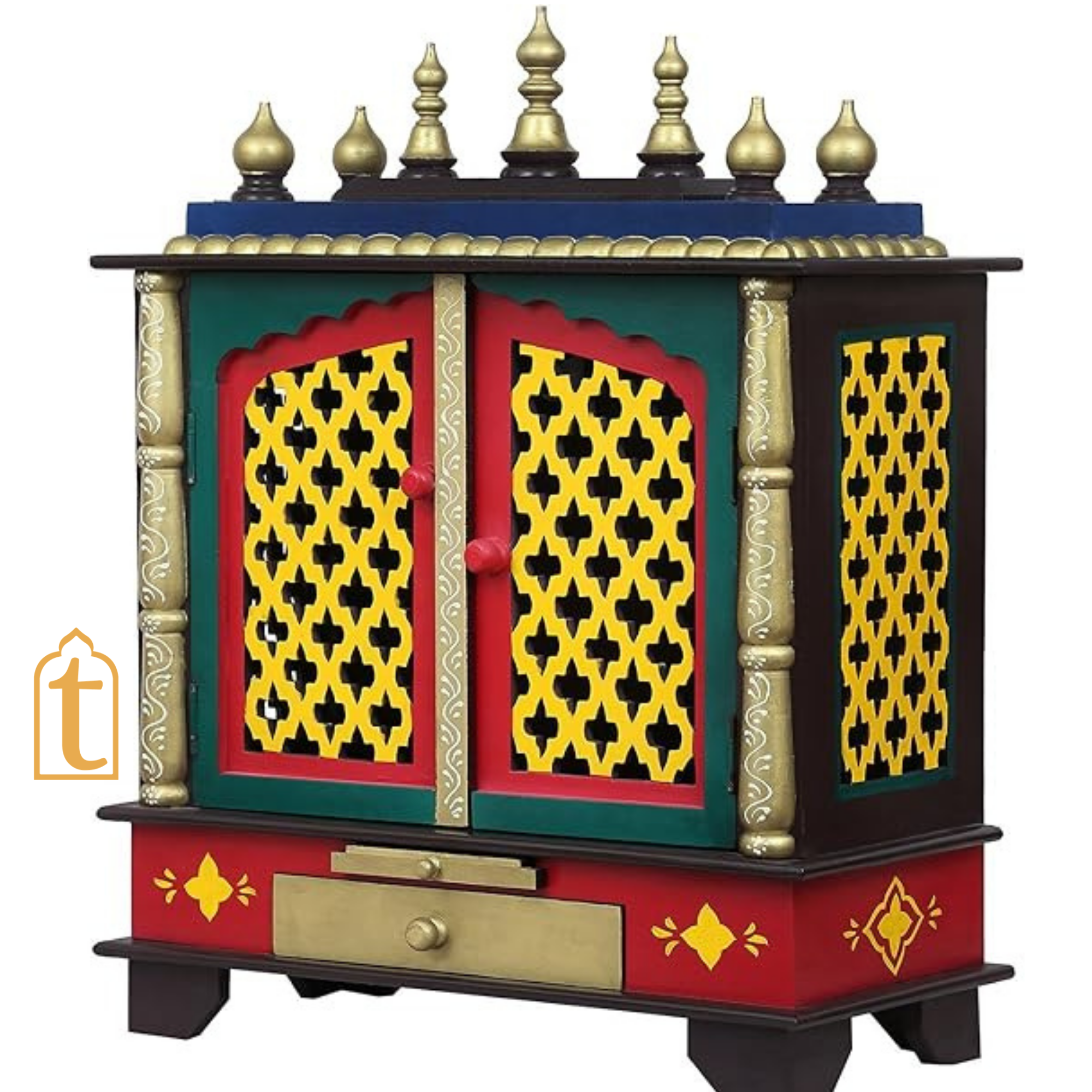 Handcrafted Wooden Pooja Mandir With Drawers Home Temple White Brown Finish